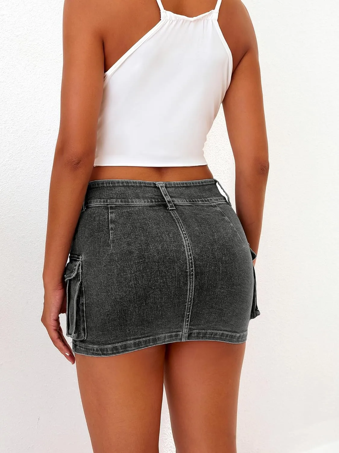 ELLEVEN High Stretchy Cargo Skirt for Women, Low Waist Y2k Mini Skirt Cute Denim Skirt with Pockets