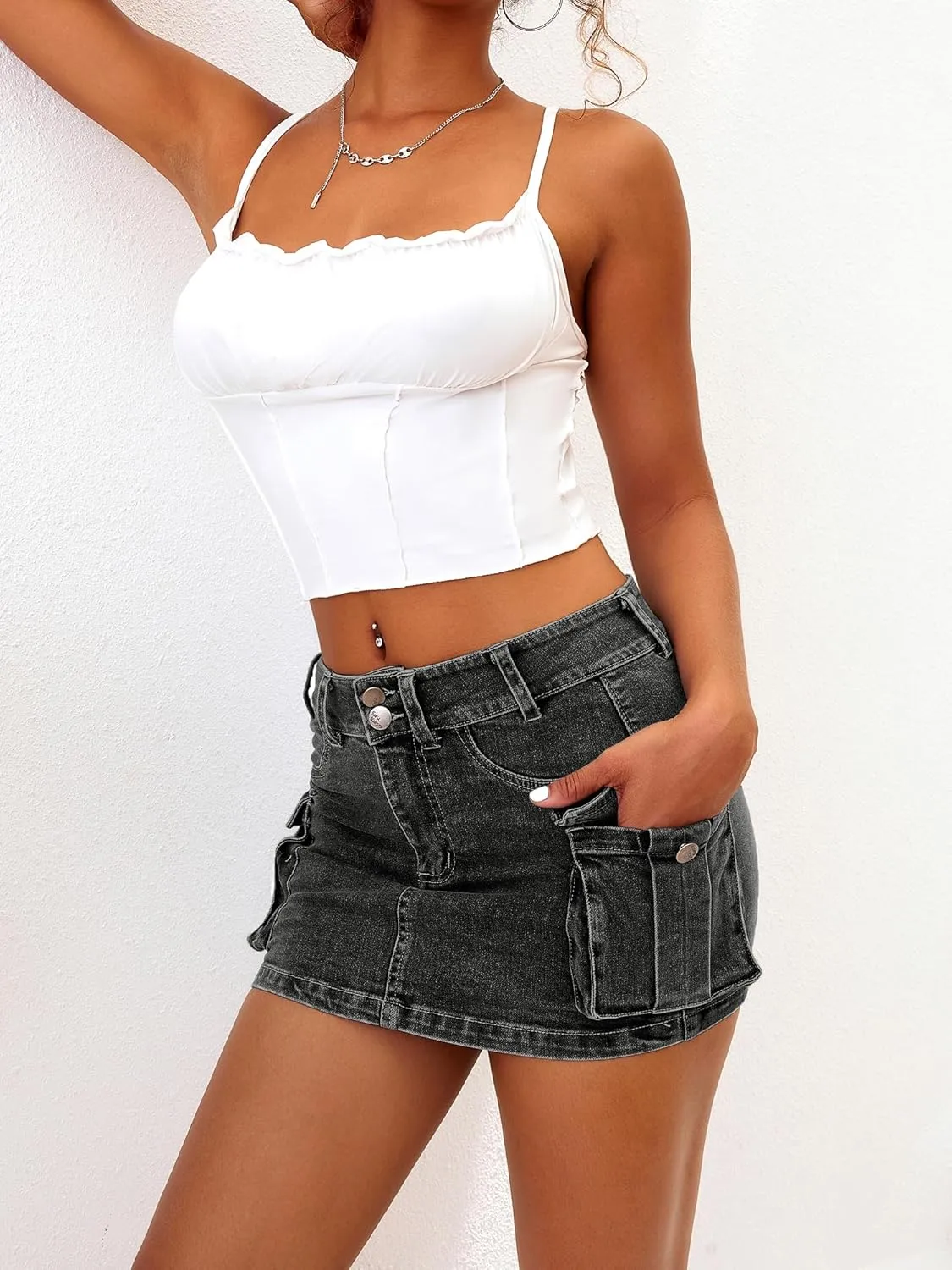ELLEVEN High Stretchy Cargo Skirt for Women, Low Waist Y2k Mini Skirt Cute Denim Skirt with Pockets