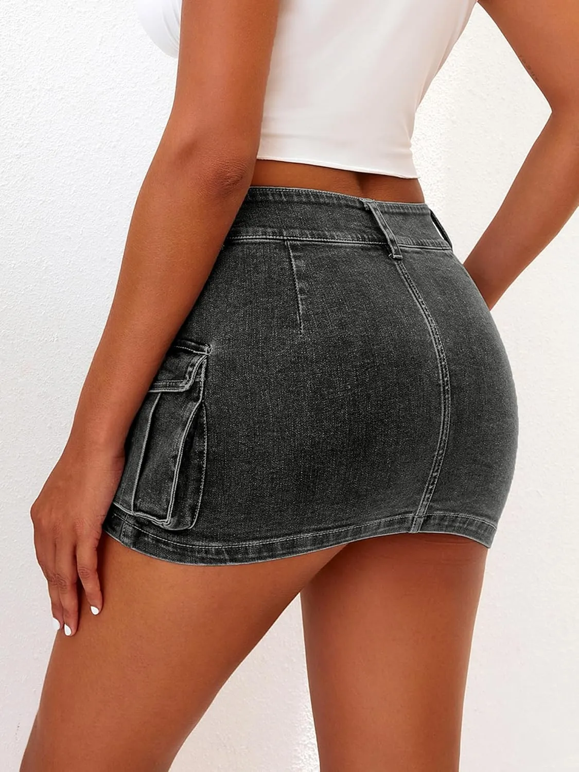 ELLEVEN High Stretchy Cargo Skirt for Women, Low Waist Y2k Mini Skirt Cute Denim Skirt with Pockets