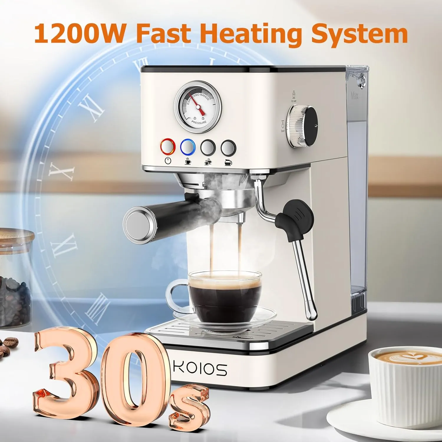 KOIOS Espresso Machine 20 Bar, Upgraded Espresso Maker with Milk Frother Steam Wand, Stainless Steel Espresso Coffee Machines for Home, Cappuccino, Latte Maker with 58oz Removable Water Tank, White