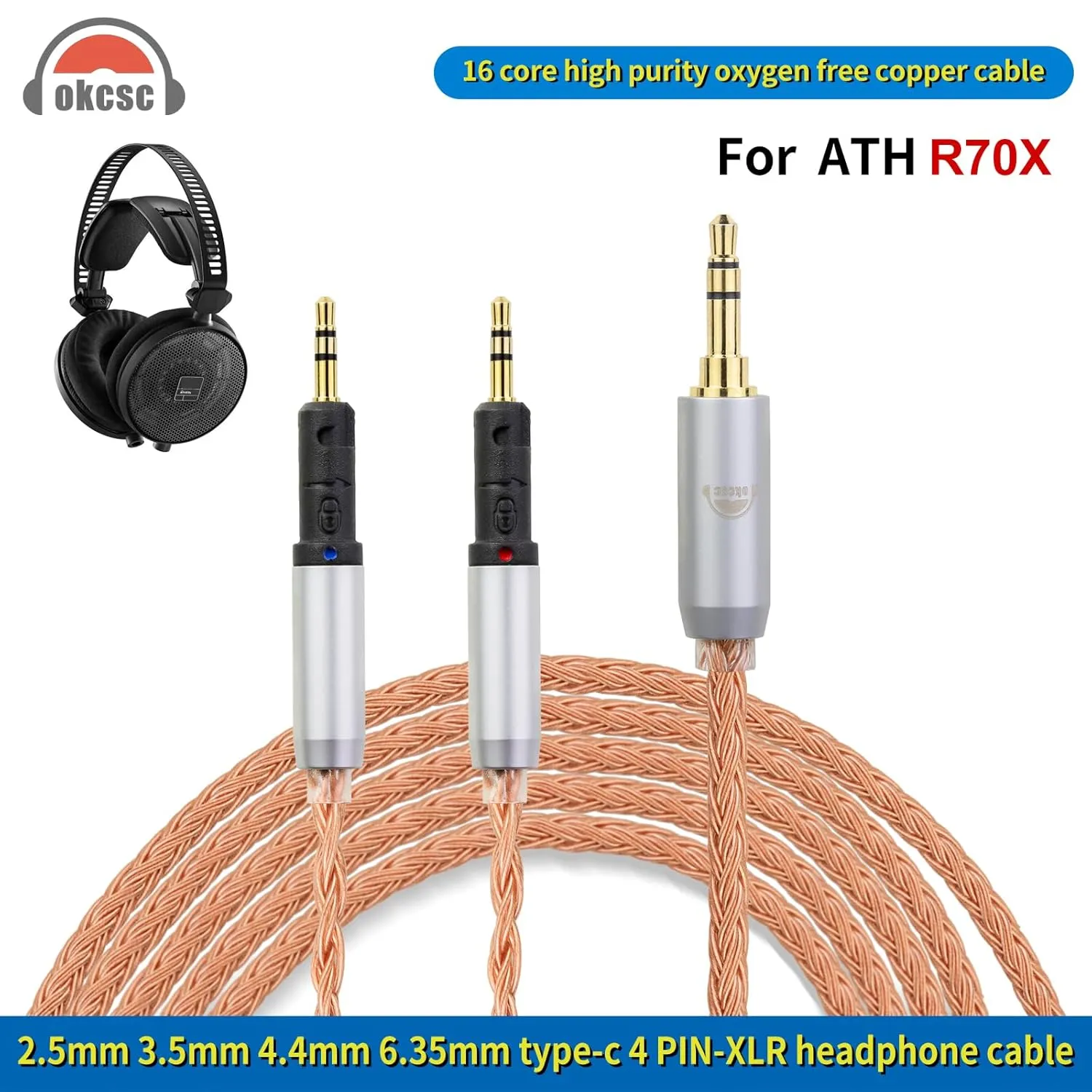 okcsc ZT16 R70X R70XA Upgraded Replacement Cable 16 core OFC high Purity Oxygen Free Copper Hand-Woven Cable, Dual R70X to 4 PIN XLR Extension Cord, for R70X R70XA Headphone 4 PIN XLR 4.92FT