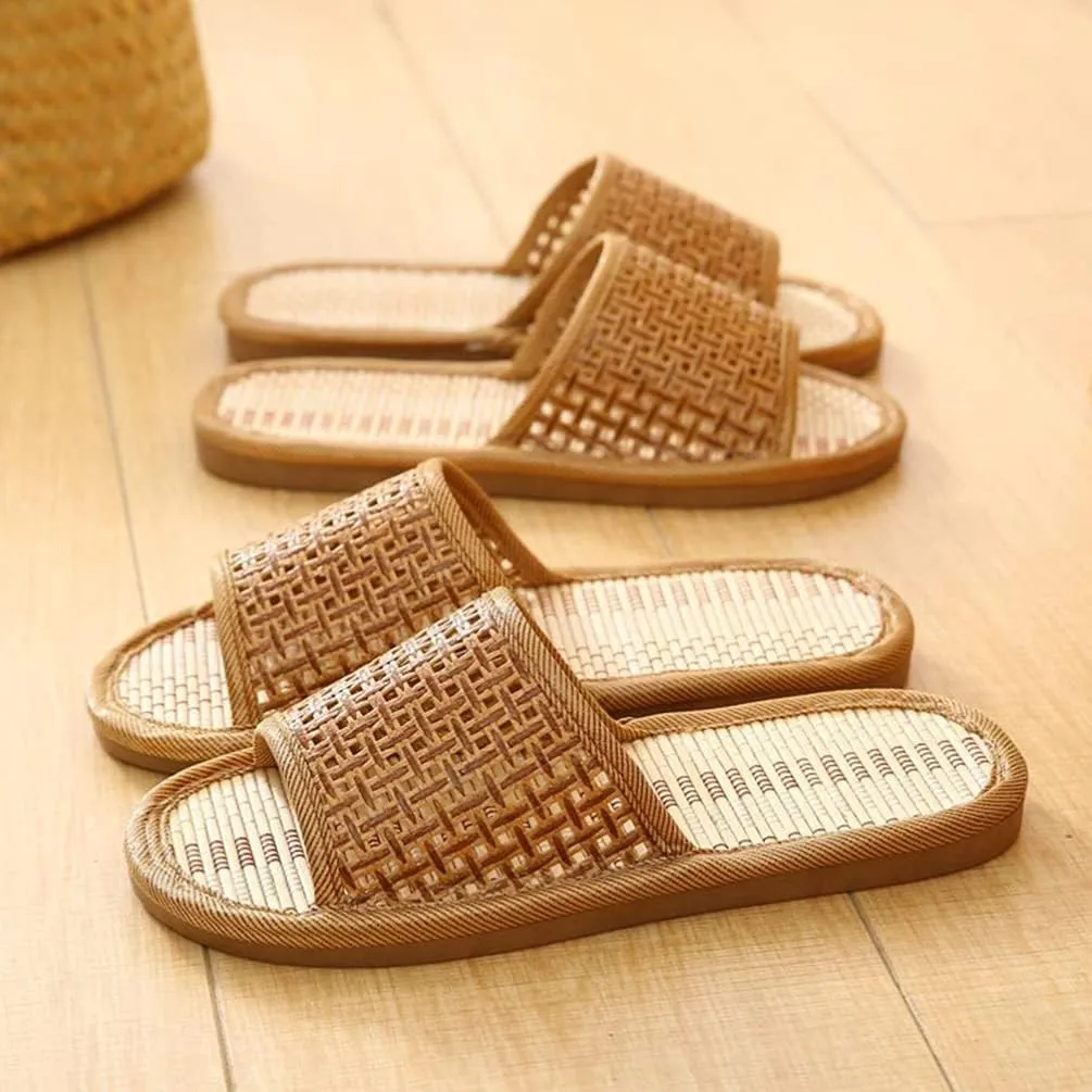Women Rattan Woven House Slippers Lightweight Linen Slippers Indoor House Slipper Summer Beach Shoes