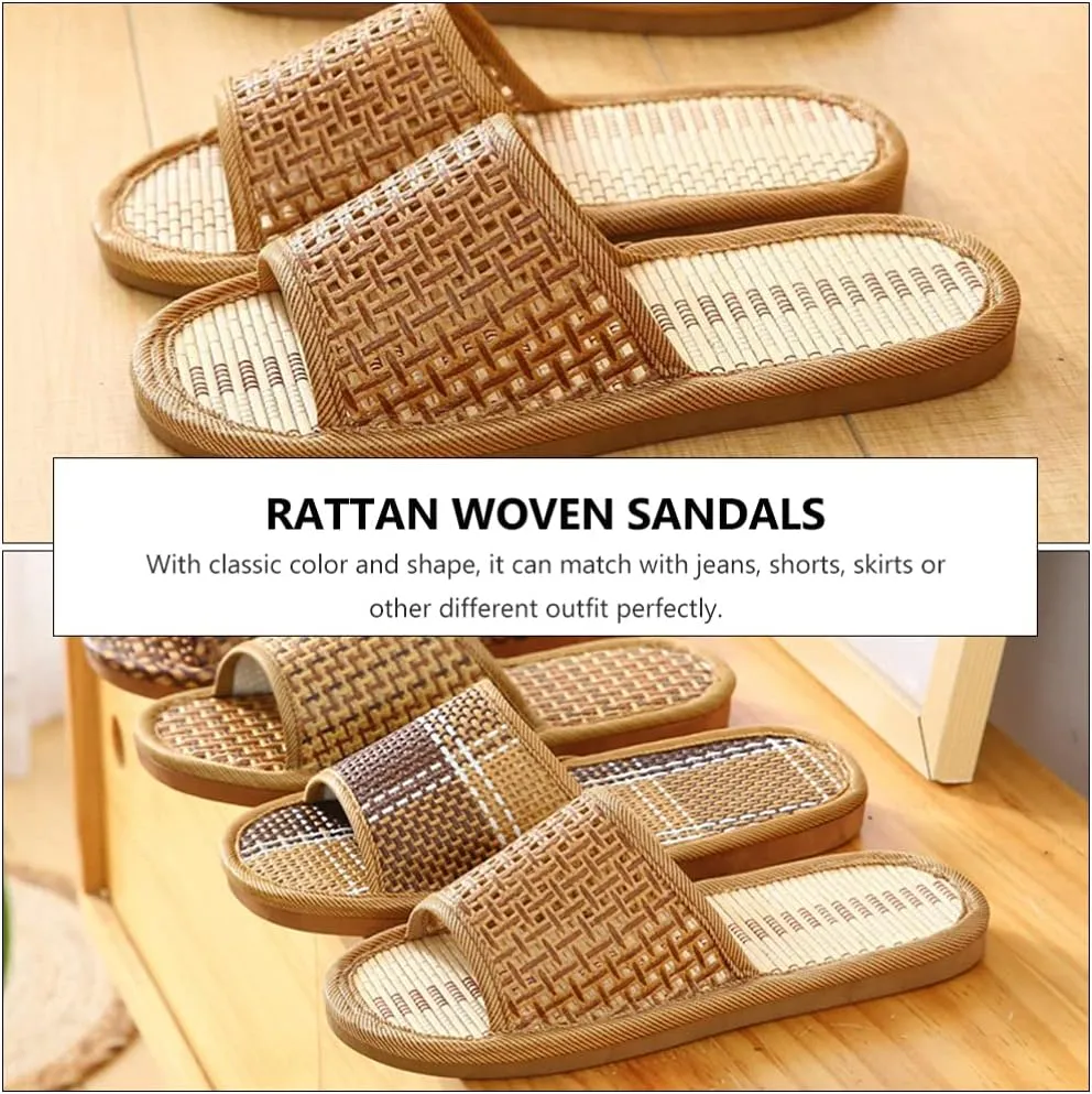 Women Rattan Woven House Slippers Lightweight Linen Slippers Indoor House Slipper Summer Beach Shoes