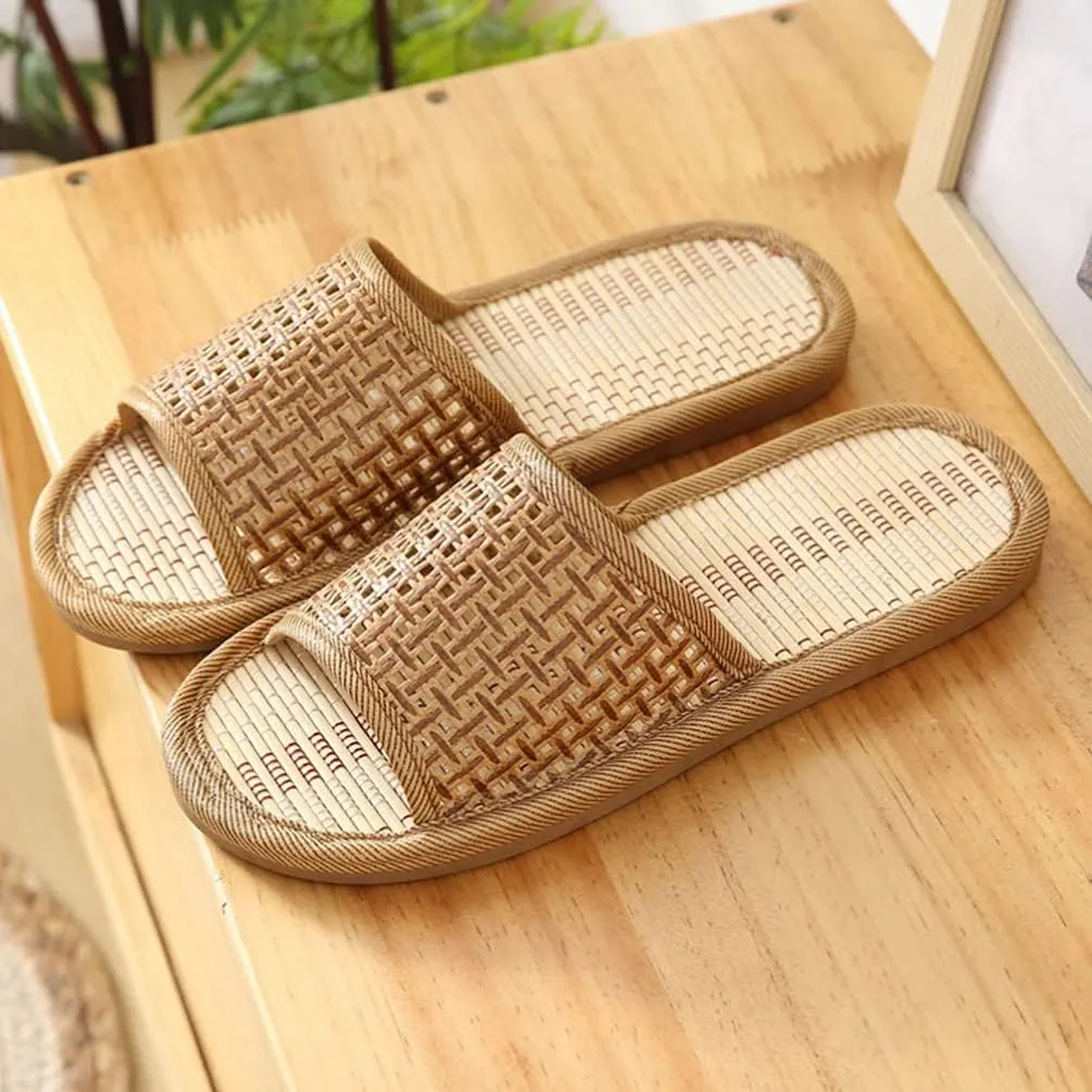 Women Rattan Woven House Slippers Lightweight Linen Slippers Indoor House Slipper Summer Beach Shoes