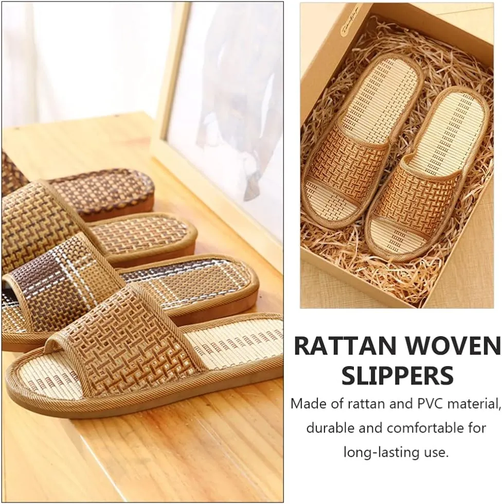 Women Rattan Woven House Slippers Lightweight Linen Slippers Indoor House Slipper Summer Beach Shoes