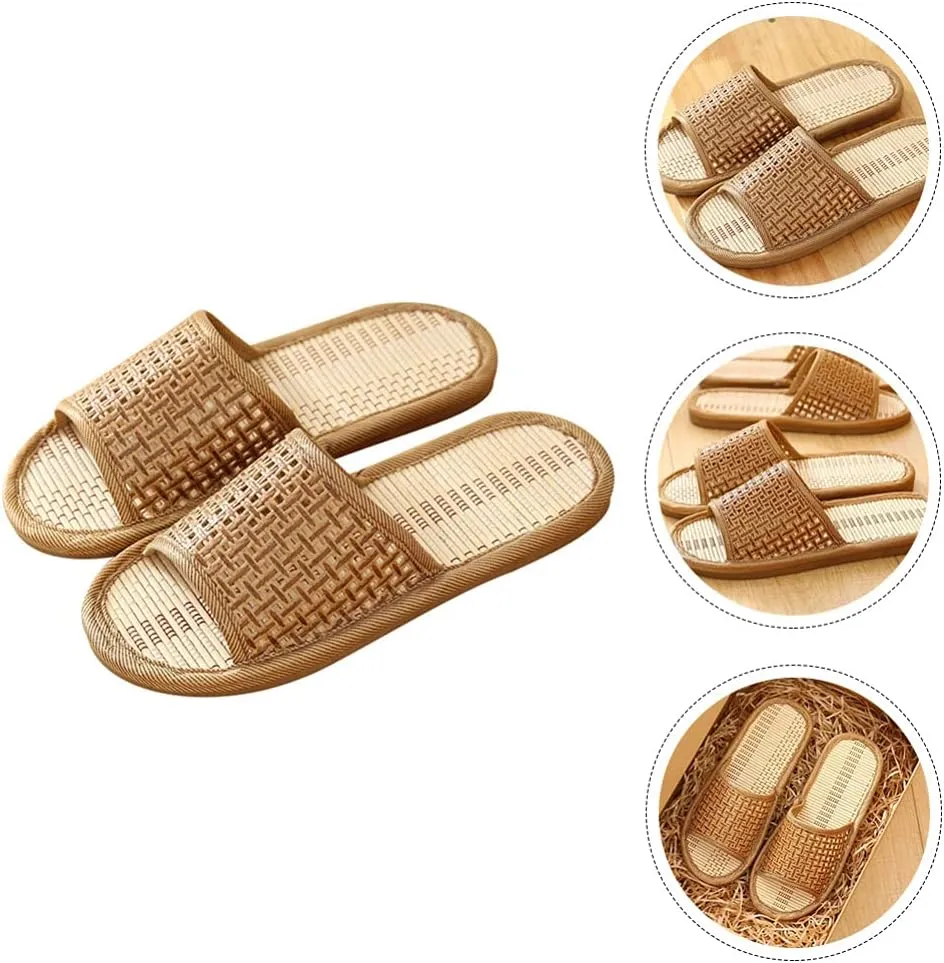 Women Rattan Woven House Slippers Lightweight Linen Slippers Indoor House Slipper Summer Beach Shoes