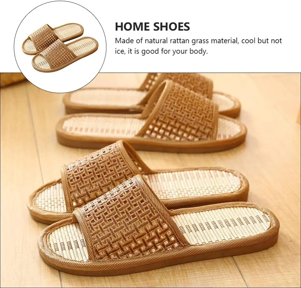 Women Rattan Woven House Slippers Lightweight Linen Slippers Indoor House Slipper Summer Beach Shoes