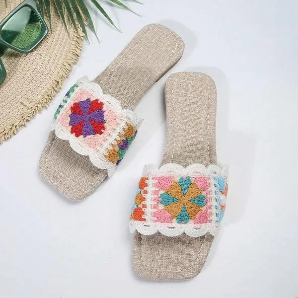 Women's Casual Braided Floral Square Toe Slippers 22288127S