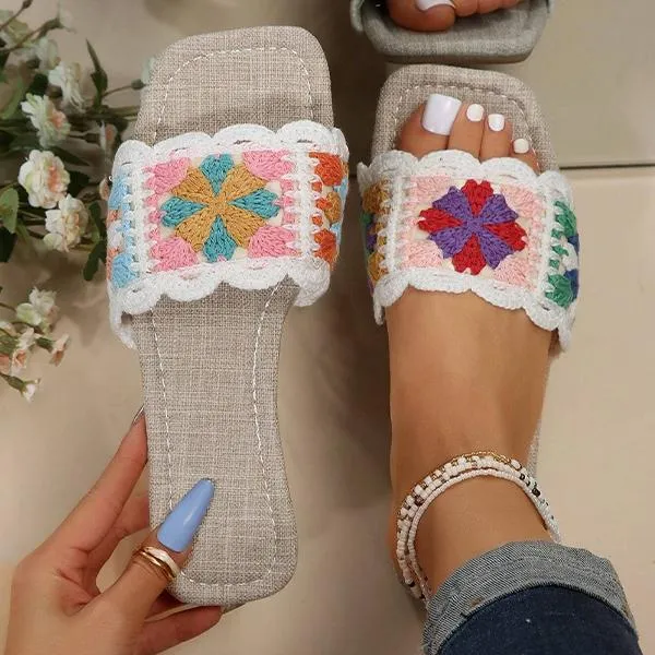 Women's Casual Braided Floral Square Toe Slippers 22288127S