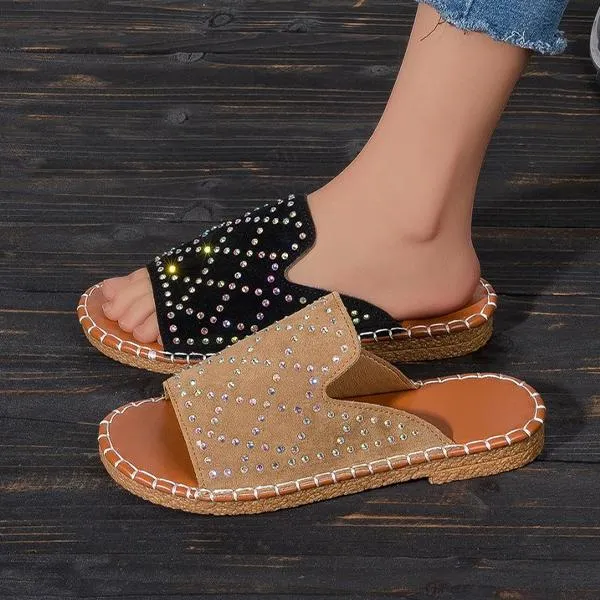 Women’s Casual Fish Mouth Rhinestone Flat Slippers 61619505S