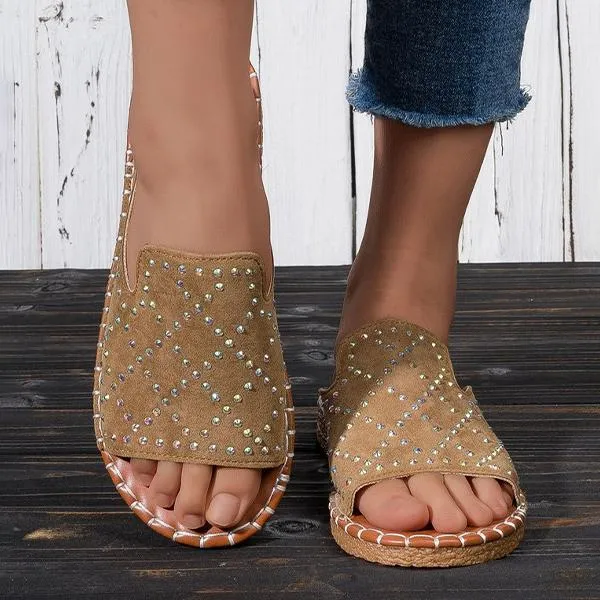 Women’s Casual Fish Mouth Rhinestone Flat Slippers 61619505S