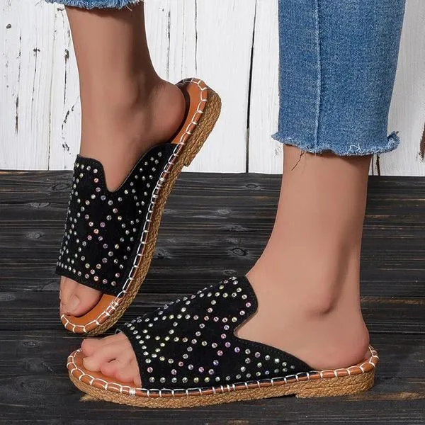 Women’s Casual Fish Mouth Rhinestone Flat Slippers 61619505S