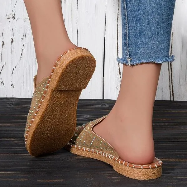 Women’s Casual Fish Mouth Rhinestone Flat Slippers 61619505S