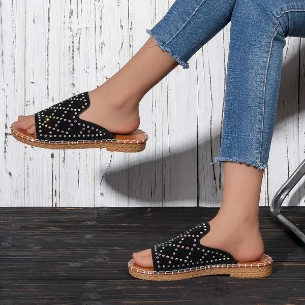 Women’s Casual Fish Mouth Rhinestone Flat Slippers 61619505S
